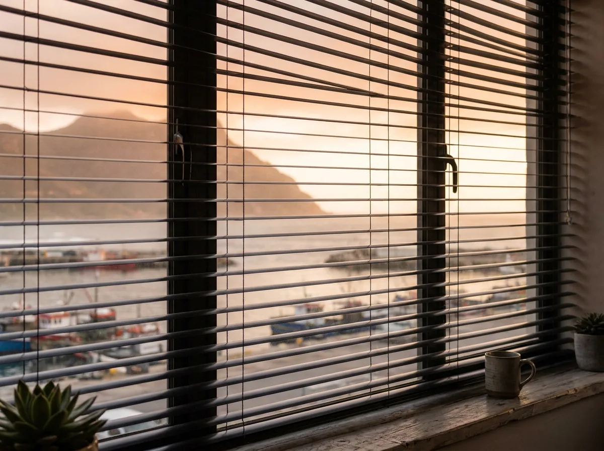 Powder-coated aluminium venetian blinds with thin horizontal slats tilted partly open on a harbour-view window in a Hout Bay home