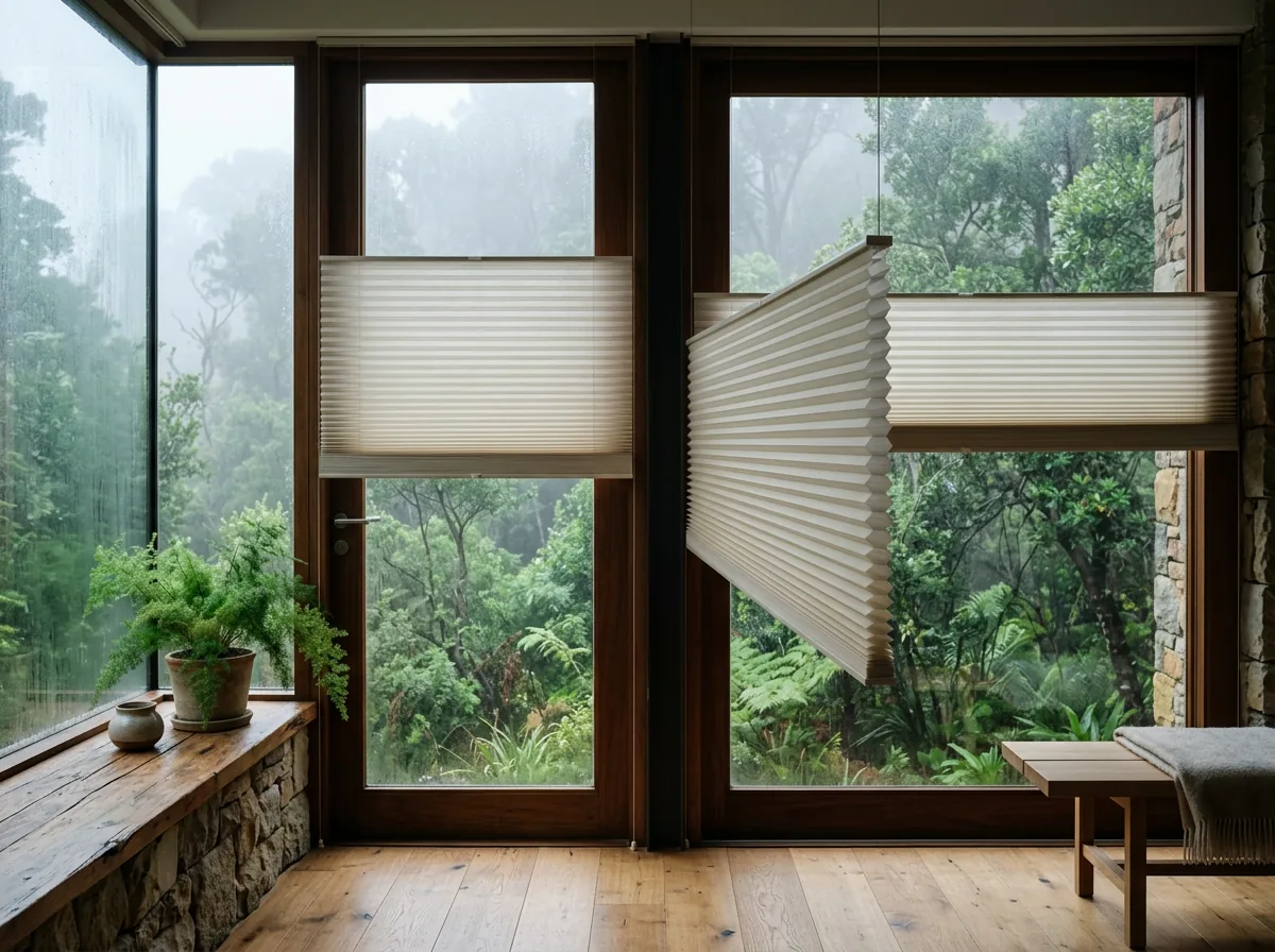 Honeycomb cellular blinds showing their pleated hexagonal-cell side profile on the tall windows of a damp, forest-edge home near Constantia Nek