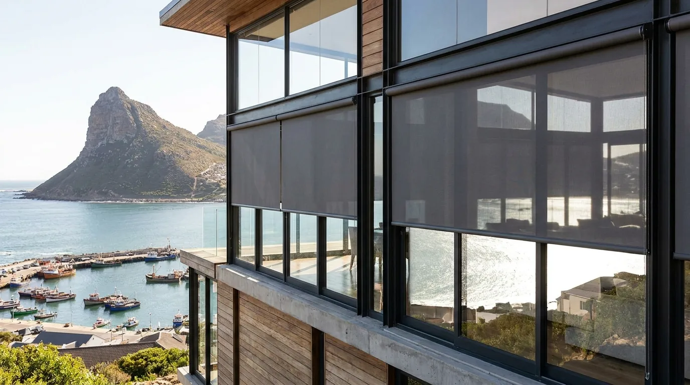 Sunscreen roller blinds half-lowered on the wide harbour-facing windows of a contemporary Hout Bay home, with The Sentinel peak and the fishing harbour beyond