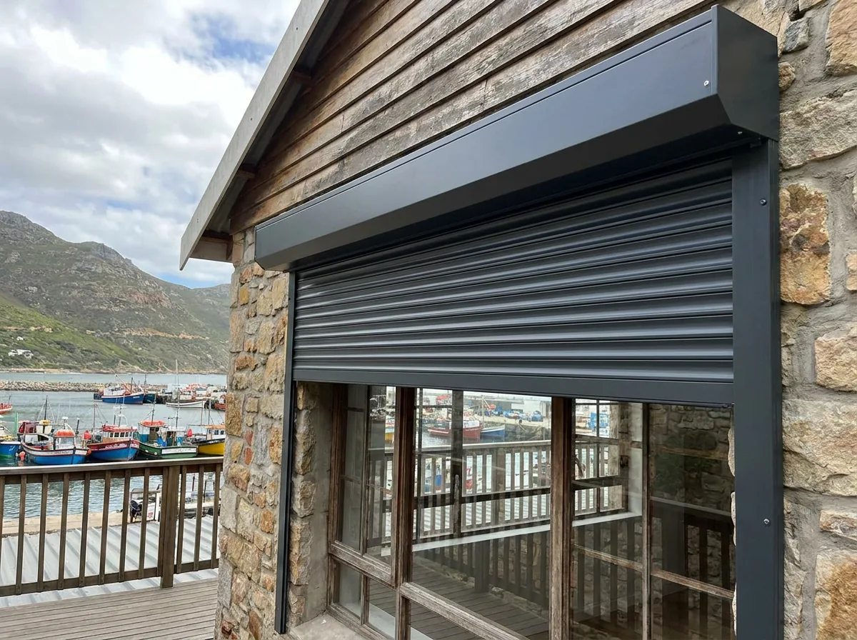 An external aluminium roller shutter rolled halfway down over a harbour-facing window on a stone-and-timber Hout Bay cottage
