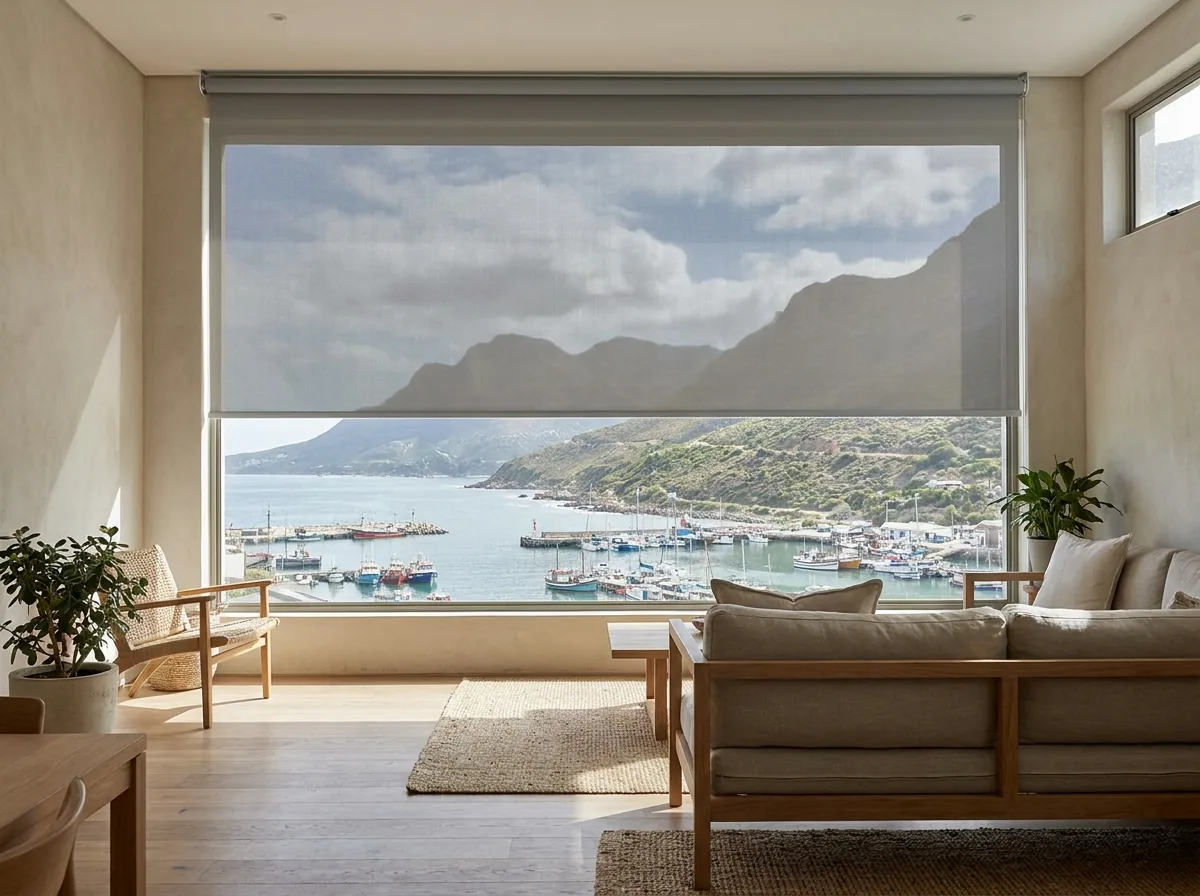 A single smooth flat sunscreen-mesh roller blind half-lowered over a wide living-room window in a Hout Bay home, the harbour and mountains still visible through the mesh