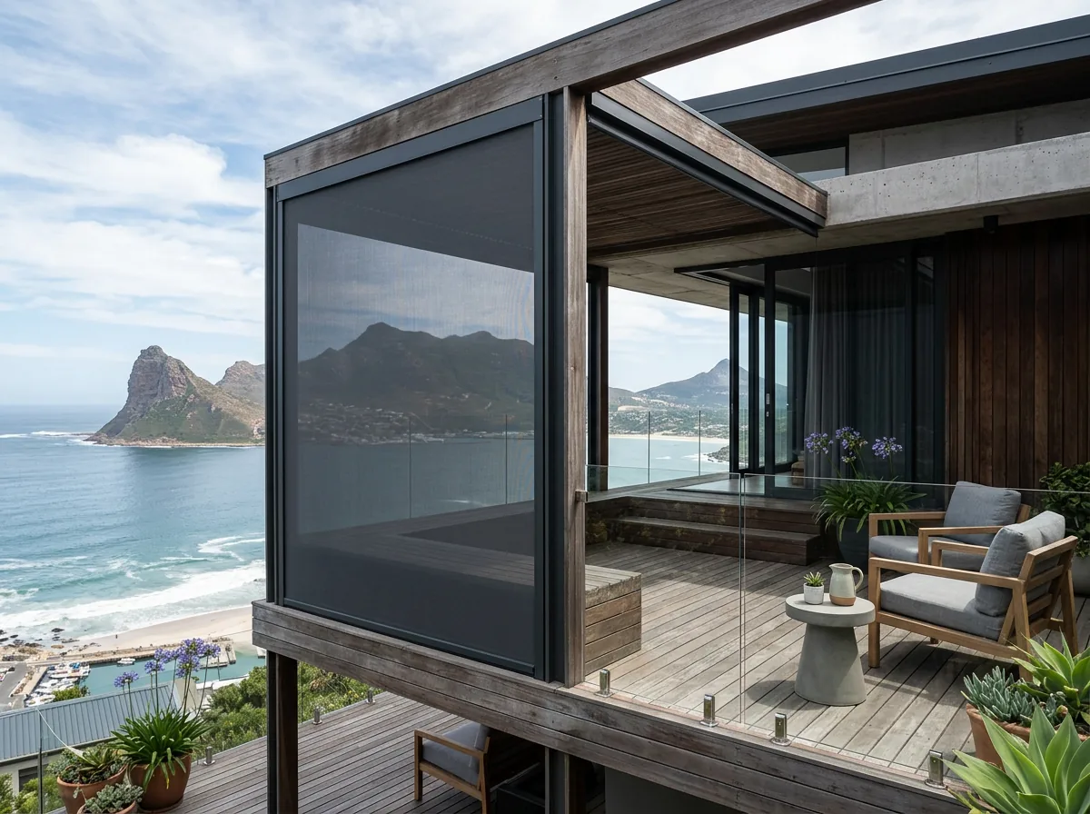 A zip-guided outdoor screen with tensioned mesh locked into side channels, enclosing the windward side of a sea-facing deck above Hout Bay